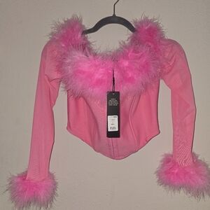 NWT Fashion Nova Pink Feather Trim Corset Top Size L